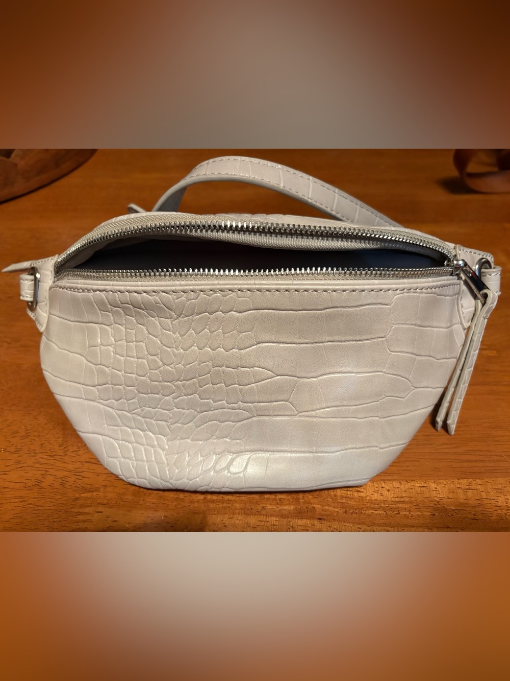 Croc-Embossed Cream Crossbody Bag with Top Handle